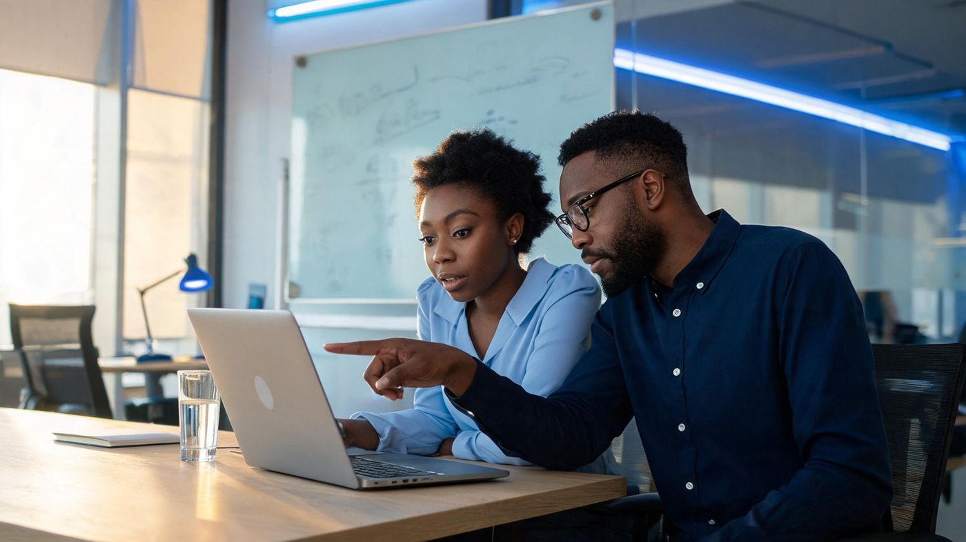 A woman and a man at a desk look at a laptop together while he points at the screen. A whiteboard fills the wall behind them.